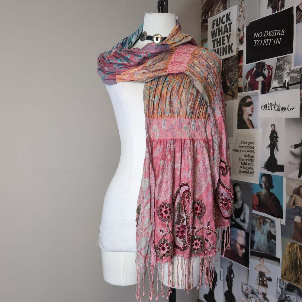 Paisley Beaded Silk Fringe Scarf Vintage
